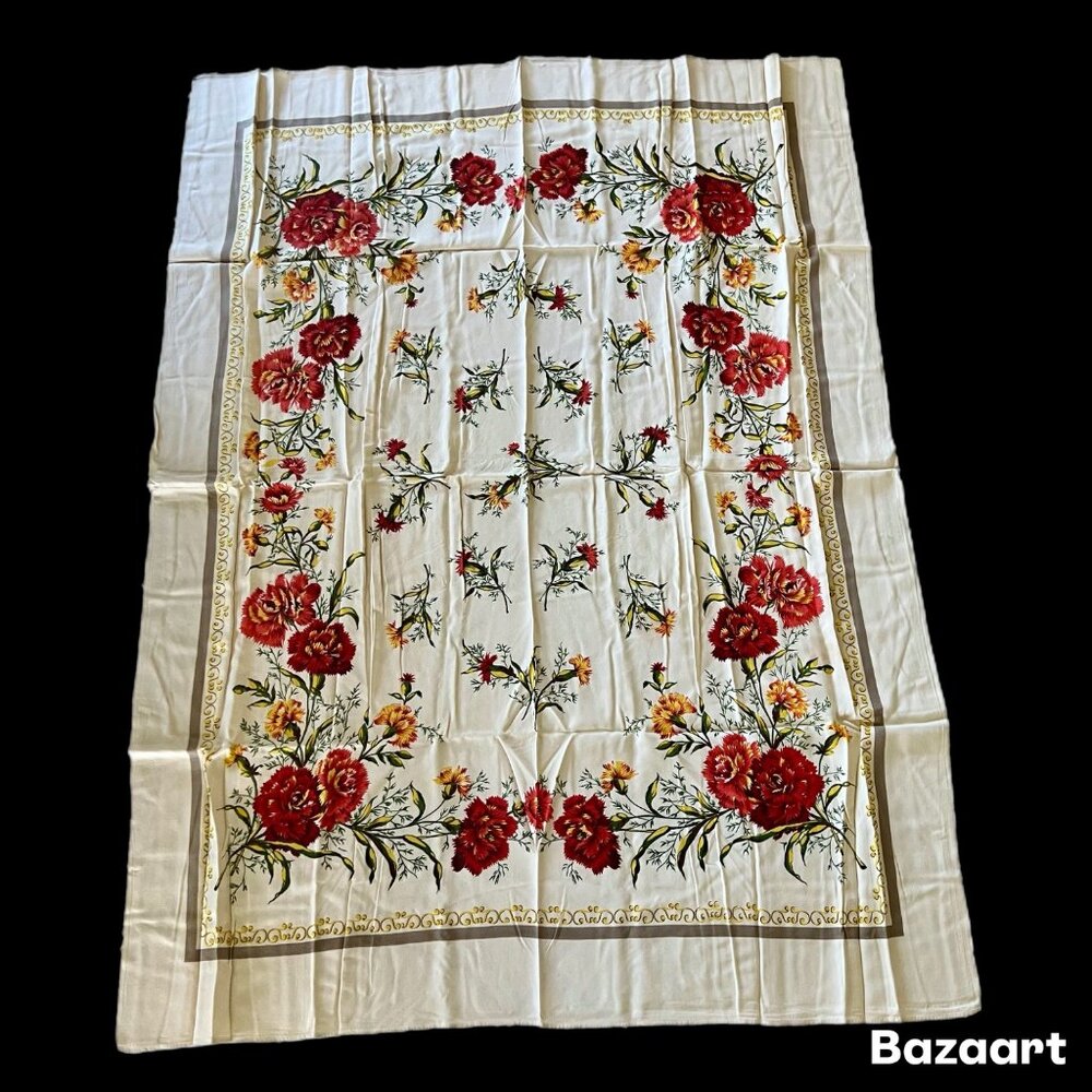 Vintage 1940's 50's Floral Carnation Print Tablecloth